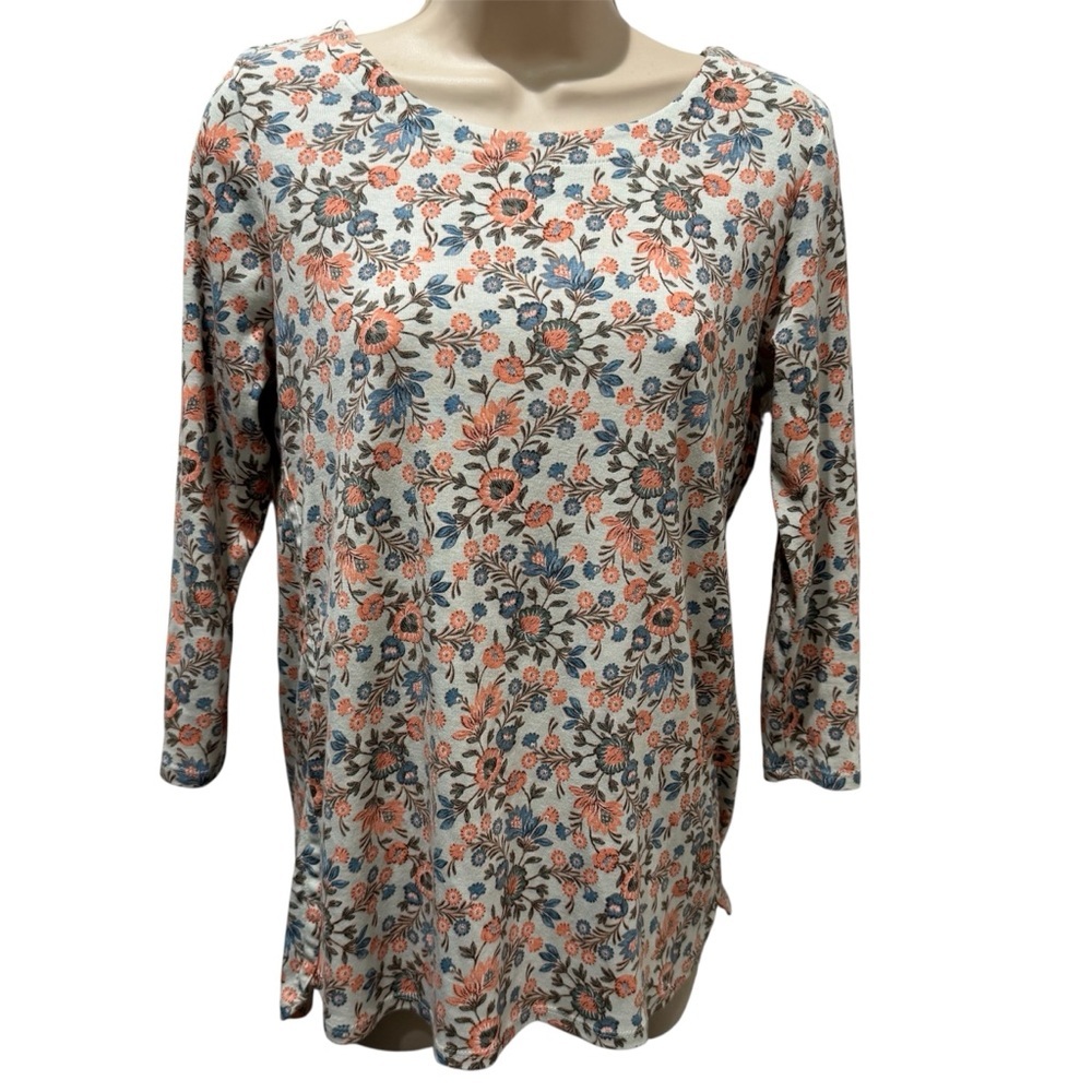 J.Jill‎ Ditsy Floral Pima Cotton Blouse Size S 3/4 Sleeve Scoop Neck
